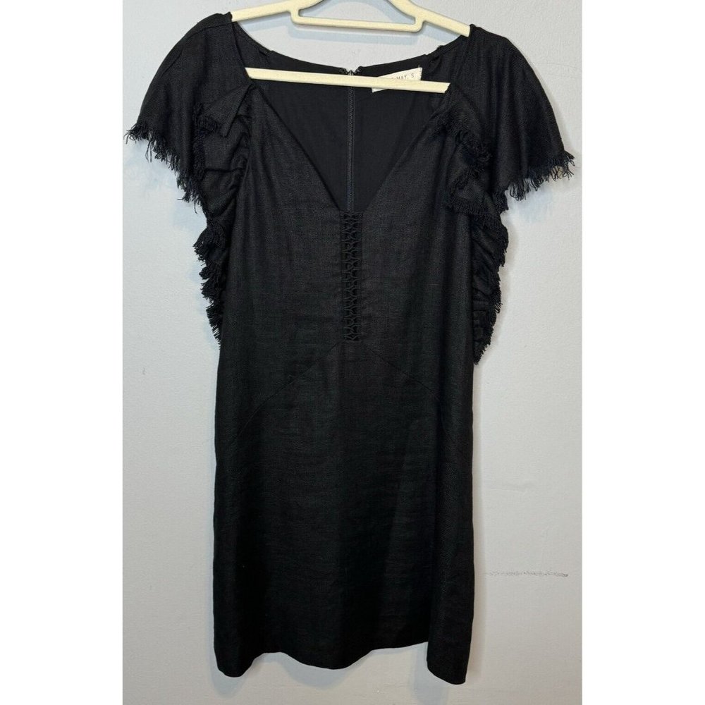 Linen Dress Small Black Short Sleeve V Neck Fringe Boho